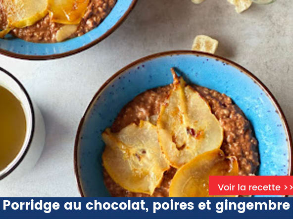 Porridge au chocolat, poires rôties et gingembre frais